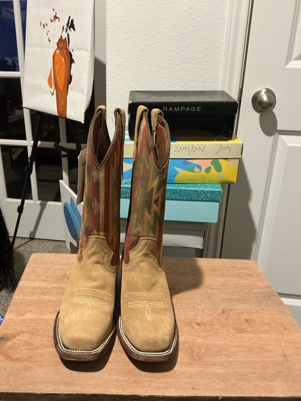 Kids Tan Suede Western Boots with Multicolor Patterned Shaft